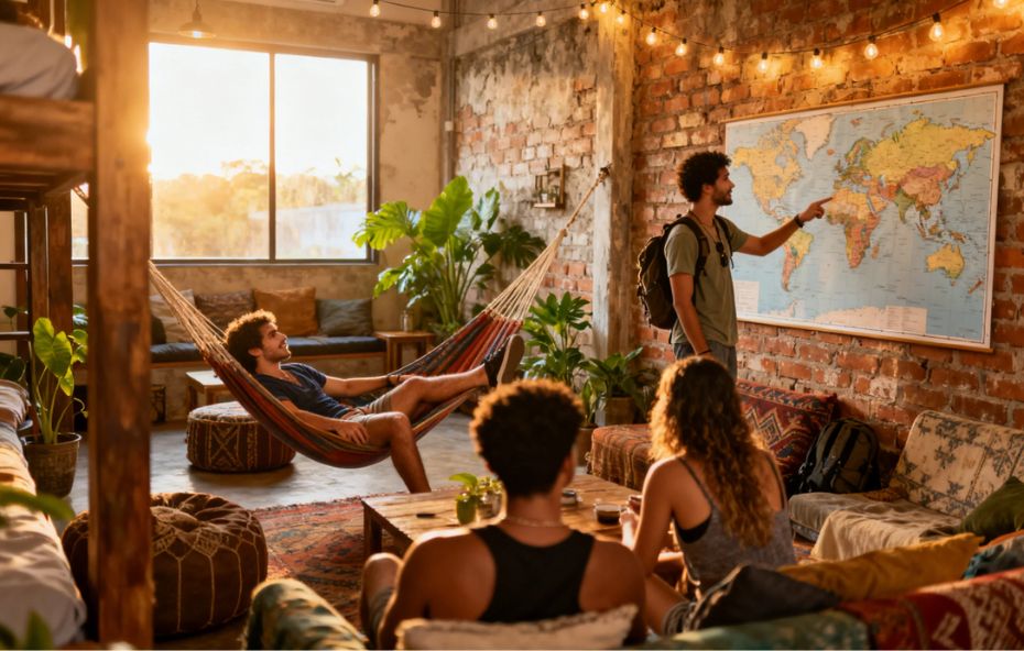 Um grupo de jovens viajantes interage em uma sala de estar de um hostel com decoração rústica e industrial. Um homem está deitado em uma rede enquanto outro aponta para um grande mapa-múndi na parede de tijolos aparentes. O ambiente é iluminado pela luz natural do pôr do sol e por cordões de luzes decorativas.