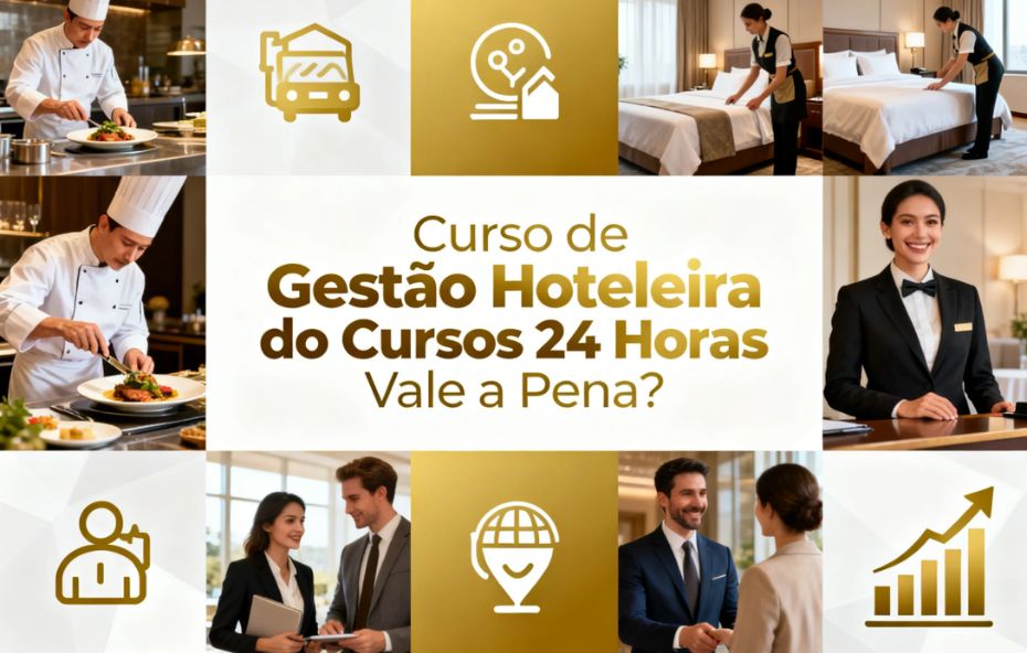 Infográfico com o título curso de gestão hoteleira do cursos 24 horas vale a pena. A imagem apresenta fotos de profissionais em hotelaria realizando tarefas de recepção, limpeza de quartos, atendimento executivo e gastronomia em tons de dourado e branco.