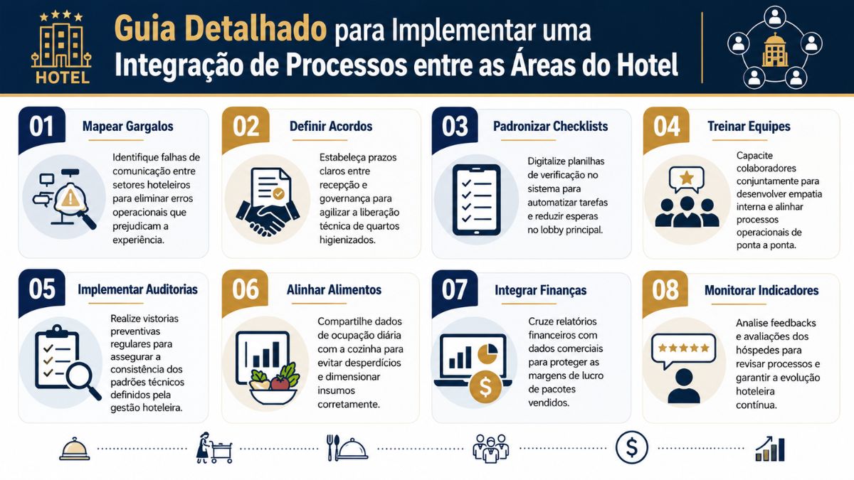 Infográfico com oito etapas para integrar processos entre os setores de um hotel, abordando comunicação, padronização, treinamentos, auditorias, finanças, alimentos e monitoramento de indicadores para melhorar a eficiência operacional e a experiência dos hóspedes.