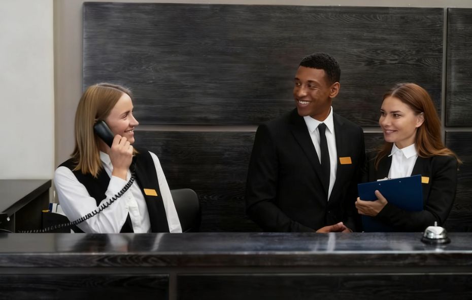 Três funcionários de hotel sorridentes atrás de um balcão de recepção escuro. Uma mulher loira atende ao telefone enquanto dois colegas conversam ao lado segurando uma prancheta azul.