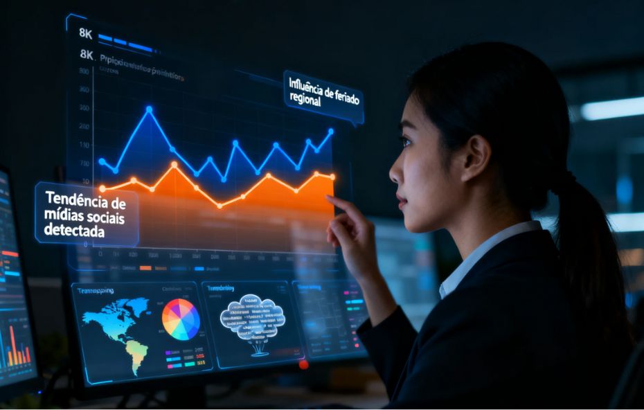 Uma profissional de perfil aponta para uma tela digital avançada com gráficos de linha neon em azul e laranja que mostram a flutuação da demanda. A interface exibe notificações em português sobre influência de feriado regional e tendências detectadas em mídias sociais.