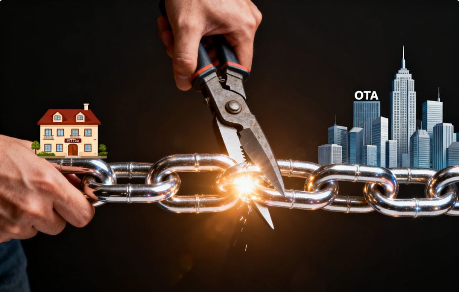 Ilustração conceitual mostrando um alicate de corte rompendo uma corrente de metal que une uma pousada a um aglomerado de prédios representando as OTAs, com faíscas no momento do corte.