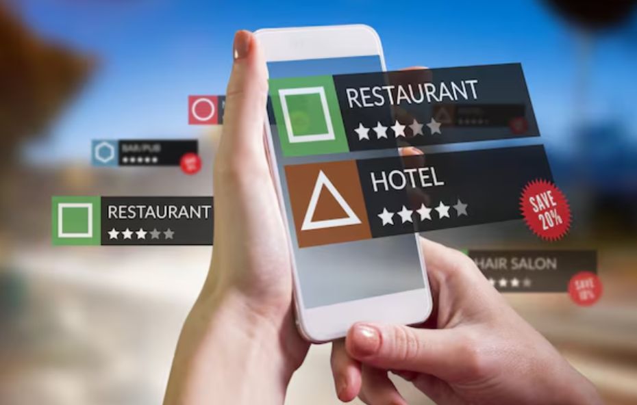 Interface de um smartphone exibindo um motor de reservas hoteleiro moderno com fotos de um quarto de luxo e um botão destacado para reserva imediata garantindo o melhor preço.