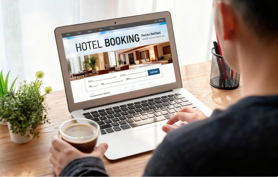 Homem sentado em uma mesa de madeira, visto de costas, segurando uma xícara de café enquanto utiliza um notebook que exibe um site de hotel com motor de reservas intuitivo e fotos profissionais.