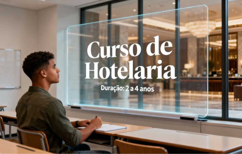 Um jovem estudante sentado em uma mesa de sala de aula observa uma tela de vidro transparente onde se lê Curso de Hotelaria Duração 2 a 4 anos com um fundo desfocado de um saguão de hotel luxuoso.