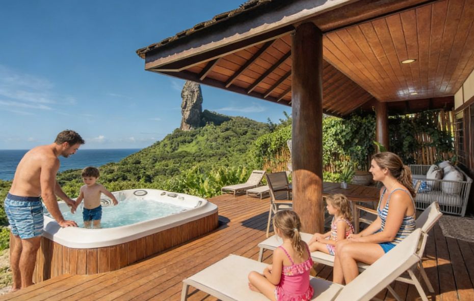 Família aproveita deck de madeira em pousada com jacuzzi externa e vista panorâmica para o Morro do Pico, em Fernando de Noronha, sob céu azul.