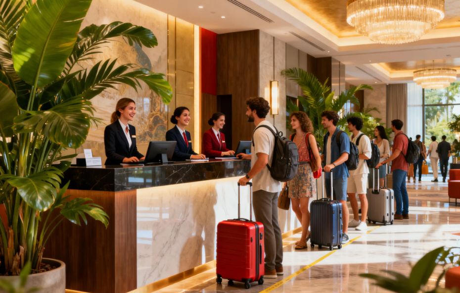 Uma fotografia de ângulo médio mostra a recepção de um hotel luxuoso com três recepcionistas sorridentes atrás de um balcão de mármore atendendo uma fila de hóspedes jovens com malas de viagem em um saguão amplo e bem iluminado.