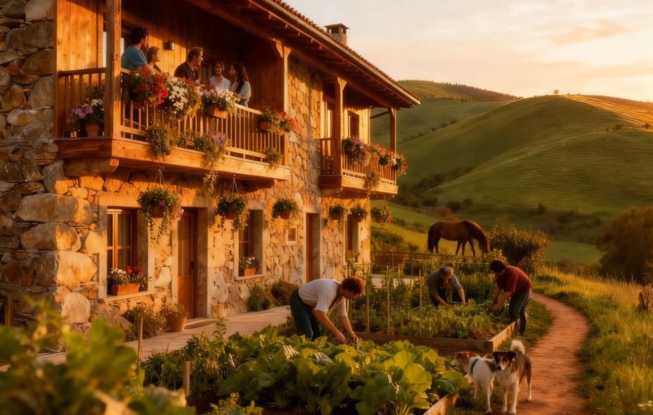 Fotografia de um hotel rústico com varandas de madeira e paredes de pedra, cercado por vegetação nativa e uma horta orgânica ao fundo, sob luz solar suave.
