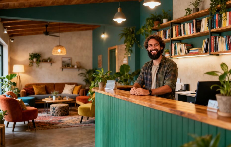 Fotografia de um albergue turístico com fachada colorida e uma área comum vibrante, contendo pufes e redes de descanso para viajantes.