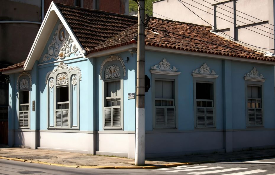 Fotografia colorida da Casa da Princesa Isabel localizada em uma esquina de Barra do Piraí. A edificação de estilo chalé possui paredes azuis claras e detalhes arquitetônicos brancos em relevo sobre as janelas e no frontão superior. O telhado é de barro marrom e há uma faixa cinza na base das paredes externas.
