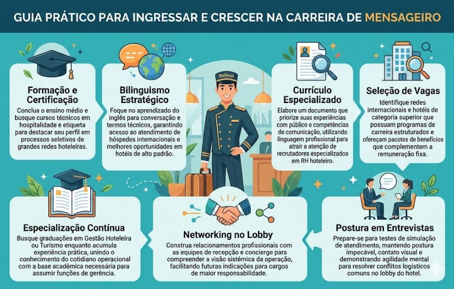 Um infográfico colorido com fundo azul e sete caixas de texto contendo dicas para a carreira de mensageiro, tudo centralizado ao redor de uma ilustração de um jovem bellhop sorridente segurando uma mala em um lobby de hotel.