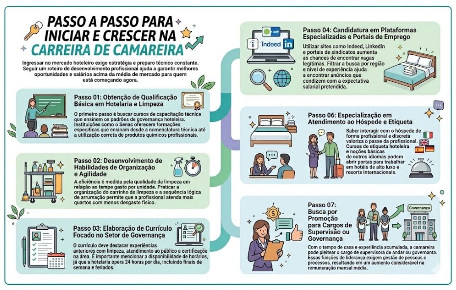 Infográfico com sete passos para evolução profissional na hotelaria. Apresenta etapas desde a qualificação técnica e organização até a promoção para cargos de supervisão e governança. Cada passo inclui ícones ilustrativos sobre limpeza, currículo, busca de vagas e atendimento ao hóspede.