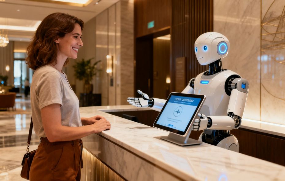 Uma mulher jovem de cabelos castanhos sorri para um robô humanoide branco em um balcão de mármore de hotel. O robô estende a mão metálica e aponta para um tablet posicionado entre eles em um ambiente de luxo iluminado.