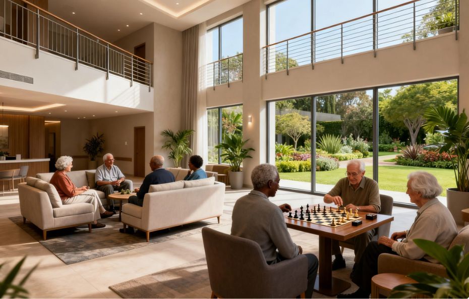 Idosos conversando em sofás confortáveis e jogando xadrez em uma sala ampla, com iluminação natural e vista para um jardim externo.