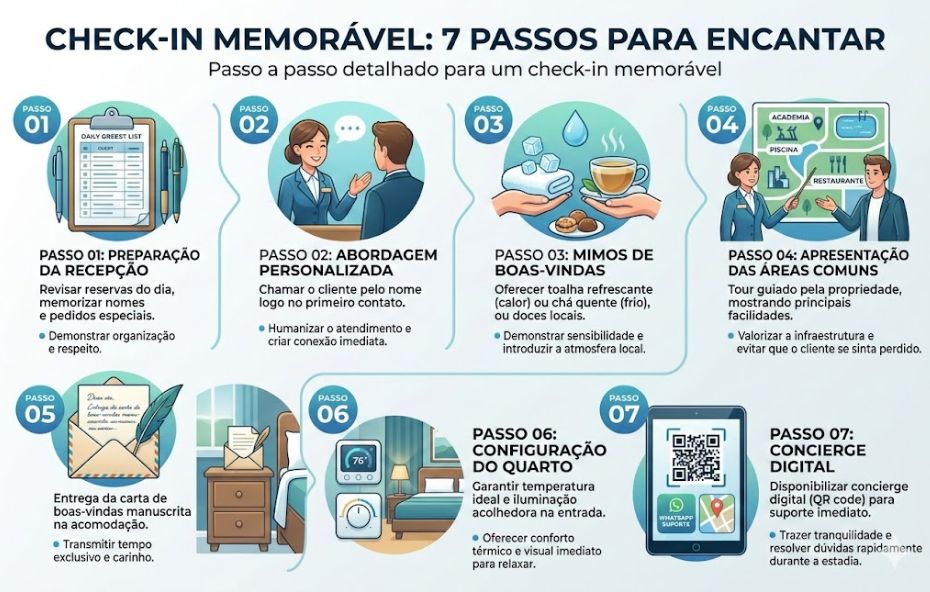Infográfico ilustrado com fundo azul claro apresentando sete etapas numeradas para um check-in de hotel perfeito. O design utiliza ícones circulares e balões de texto para detalhar cada fase, desde a preparação da recepção até o uso de concierge digital, com ilustrações de funcionários atendendo hóspedes e elementos de conforto no quarto.