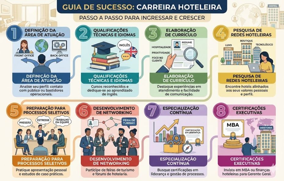 Infográfico colorido e ilustrado apresentando uma jornada de oito etapas para ingressar e crescer na hotelaria. Cada passo possui um ícone específico e um pequeno texto explicativo conectando desde a escolha da área de atuação até a obtenção de certificações executivas para cargos de diretoria.