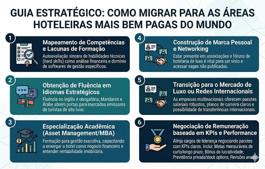 Infográfico com fundo azul escuro intitulado Guia Estratégico: Como Migrar para as Áreas Hoteleiras Mais Bem Pagas do Mundo. Ele apresenta seis etapas numeradas, dispostas em duas colunas, com ícones ilustrativos para cada passo da trajetória profissional.