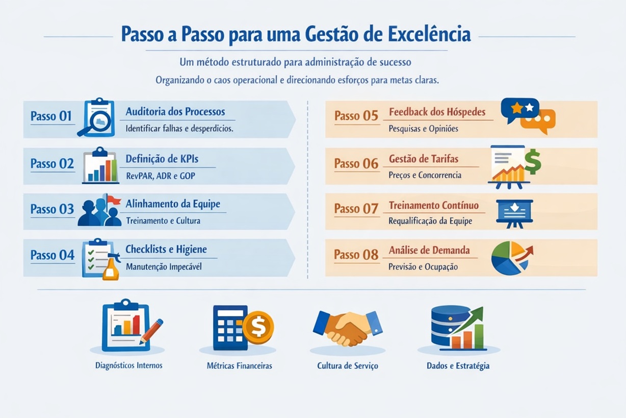 Infográfico ilustrado intitulado "Passo a Passo para uma Gestão de Excelência" que apresenta um guia estruturado com oito passos numerados para administração hoteleira de sucesso, divididos em colunas azuis e beges com ícones correspondentes e seguidos por quatro ícones de categorias de foco no rodapé.