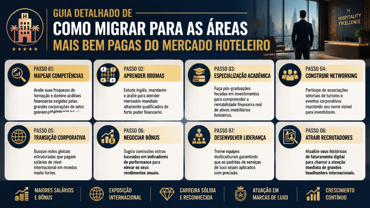 Infográfico em tons de azul escuro e dourado apresentando oito passos para migrar para as posições mais valorizadas do mercado de hospitalidade. O topo exibe a silhueta de um executivo de terno observando arranha-céus através de uma grande janela de vidro ao lado de uma recepção moderna.