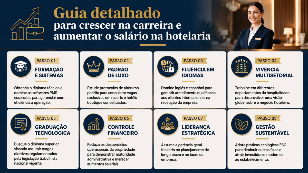 Infográfico com fundo azul escuro contendo oito blocos explicativos em formato de passos sobre o crescimento de carreira no setor de hospitalidade, acompanhado pela imagem de uma mulher sorridente vestindo terno no canto superior direito.
