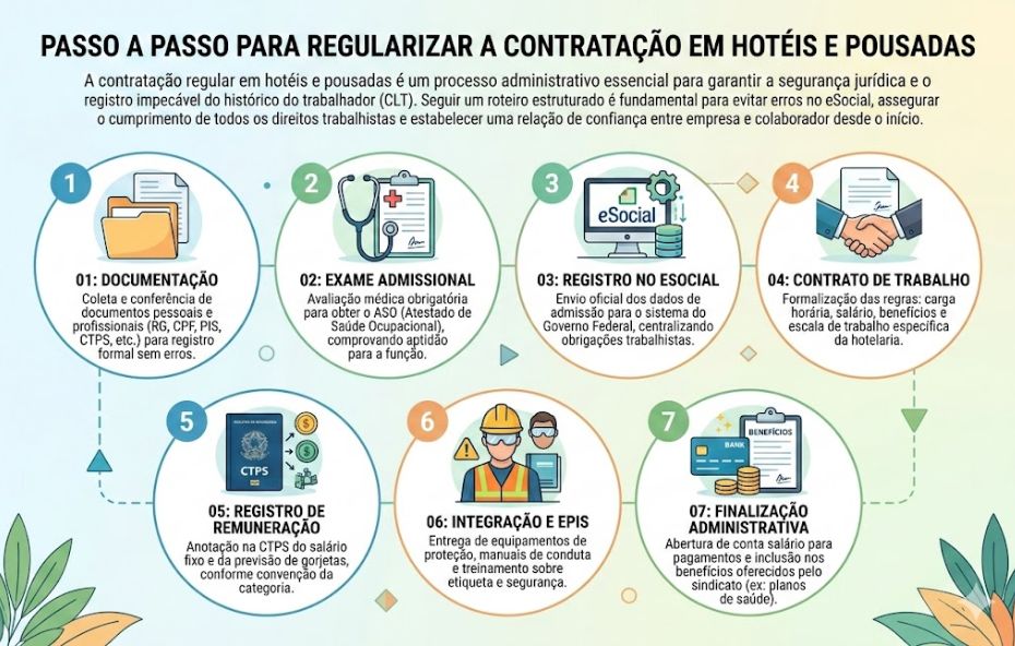 Infográfico ilustrado apresentando sete etapas numeradas para a contratação regular na hotelaria brasileira. O design utiliza ícones circulares coloridos conectados por linhas pontilhadas em um fundo com tons de verde e amarelo, detalhando desde a coleta de documentos até a finalização administrativa com benefícios sindicais.