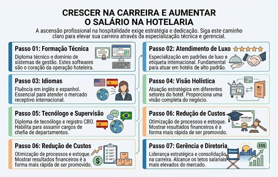Infográfico horizontal com sete passos numerados para evolução profissional na hotelaria em tons de azul marinho e dourado sobre fundo de escritório moderno.