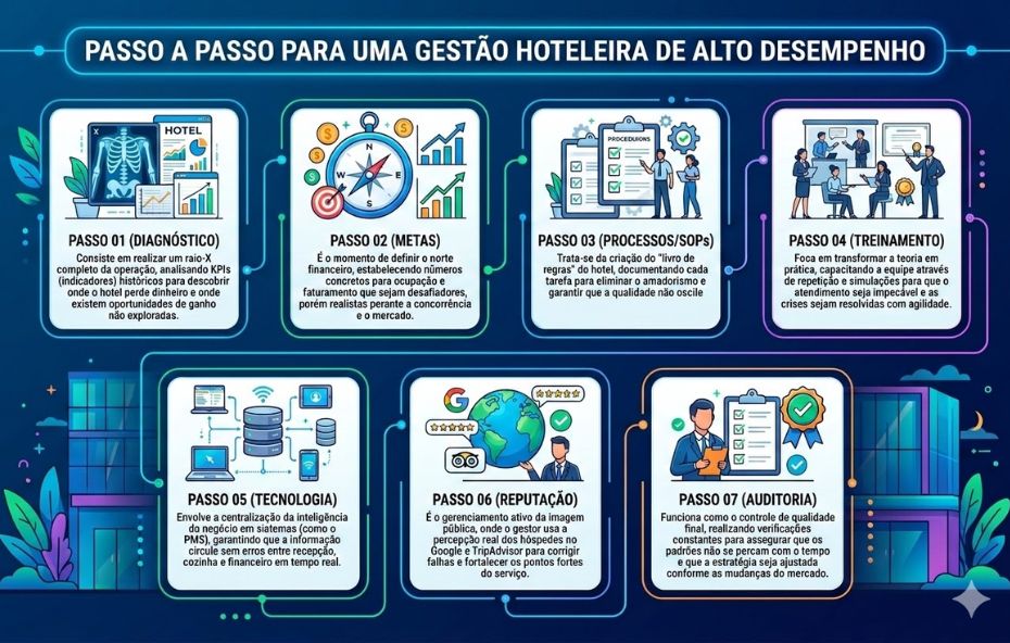 Infográfico com sete quadros ilustrados dispostos em fluxo contínuo detalhando as etapas da gestão hoteleira desde o diagnóstico inicial até a auditoria final de qualidade.