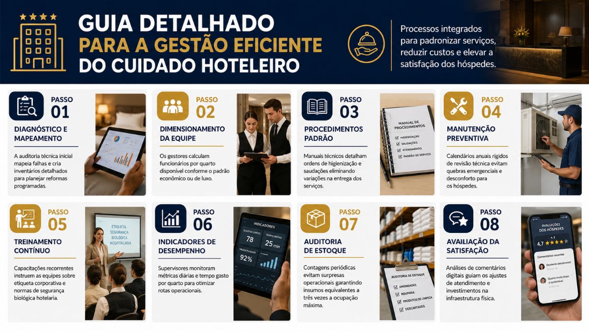 Infográfico com fundo azul escuro no topo e blocos brancos abaixo detalhando oito passos de gestão. Cada passo apresenta um número de um a oito, um título descritivo, um parágrafo explicativo em texto corrido e uma imagem ilustrativa correspondente às rotinas operacionais de um estabelecimento.