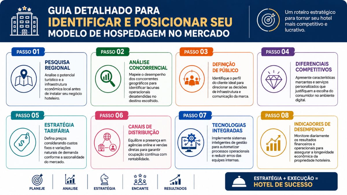 Infográfico explicativo horizontal com fundo azul escuro no topo e branco na parte central. O cabeçalho apresenta o título informativo sobre o guia detalhado para posicionamento hoteleiro ao lado de um ícone de alvo. O corpo da imagem é dividido em oito blocos coloridos numerados em ordem de etapas consecutivas. Cada quadrado exibe um símbolo circular próprio seguido por títulos em caixa alta e textos curtos explicativos. A base inferior traz ícones menores em preto e branco com palavras chaves sobre planejamento e um retângulo azul escuro com uma fórmula de sucesso empresarial.