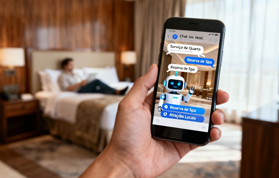 Ilustração de uma mão segurando um smartphone que exibe uma interface de chat com assistente virtual hoteleiro processando uma reserva de quarto em tempo real com ícones de calendário e confirmação de pagamento.