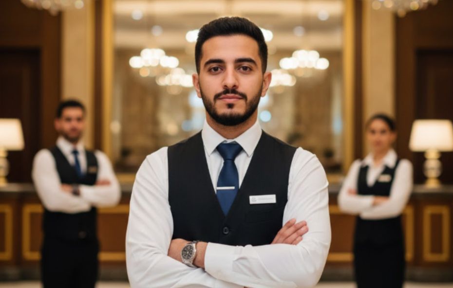 Um jovem líder de hotelaria de barba e colete preto posa com braços cruzados no centro de um lobby luxuoso enquanto dois membros da equipe aparecem desfocados ao fundo sob lustres elegantes.