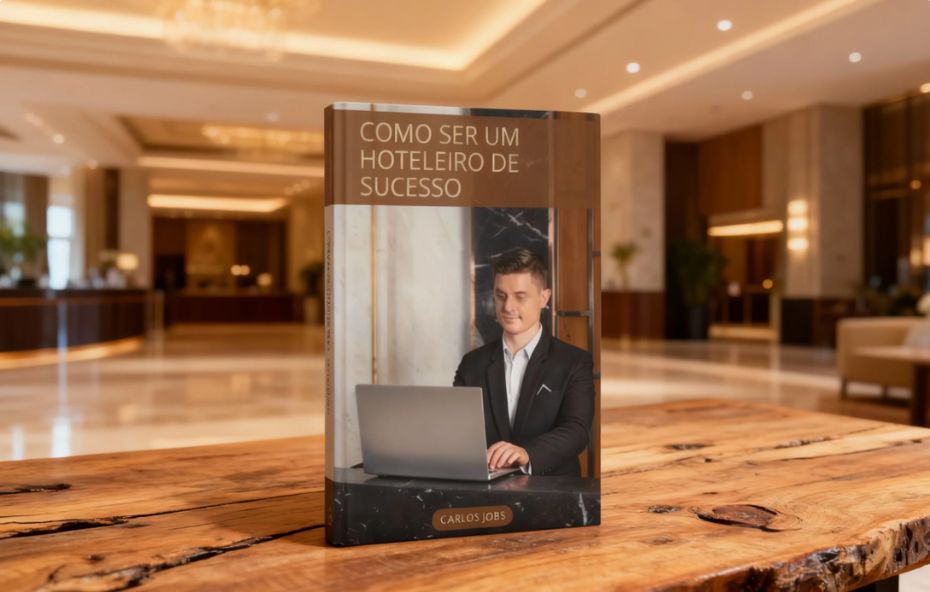 Fotografia de um livro físico com capa escura intitulado Como ser um hoteleiro de sucesso de Carlos Jobs posicionado sobre uma mesa de madeira clara com um salão de hotel luxuoso ao fundo apresentando sofás e um lustre clássico.