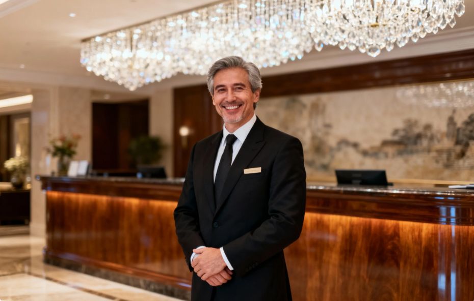 Um hoteleiro sorridente vestindo terno preto elegante posicionado no centro do lobby de um hotel clássico com um lustre de cristal ao fundo.
