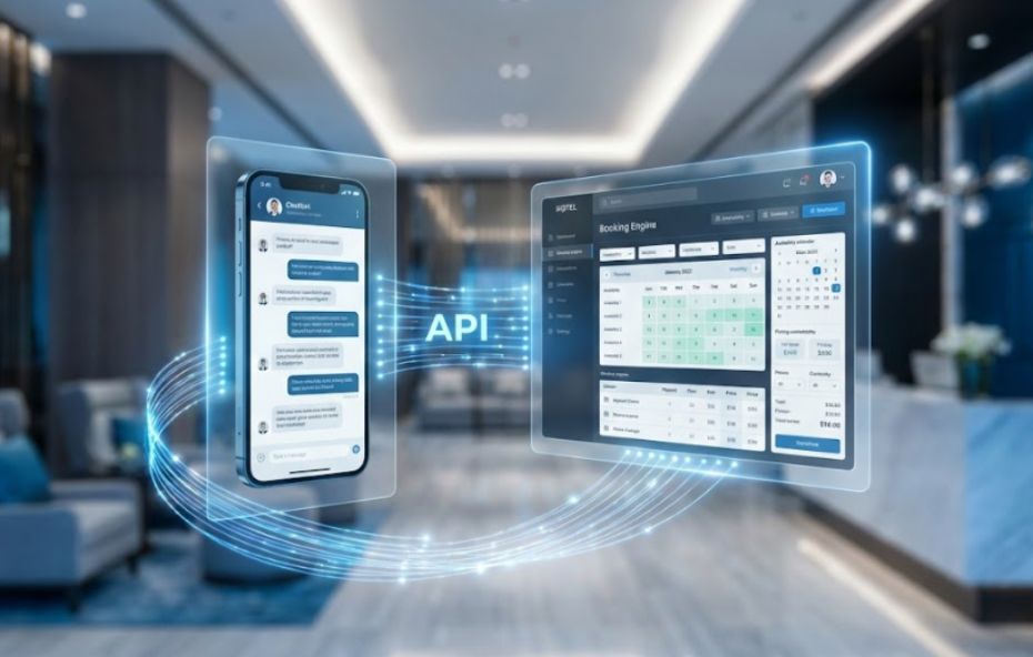 Uma interface digital flutuante exibe um smartphone com chat aberto e um painel de motor de reservas com calendário hoteleiro. No centro da imagem a sigla API conecta ambos os sistemas através de fluxos de dados luminosos em tons de azul. O cenário de fundo é a recepção de um hotel de luxo com iluminação suave e moderna.