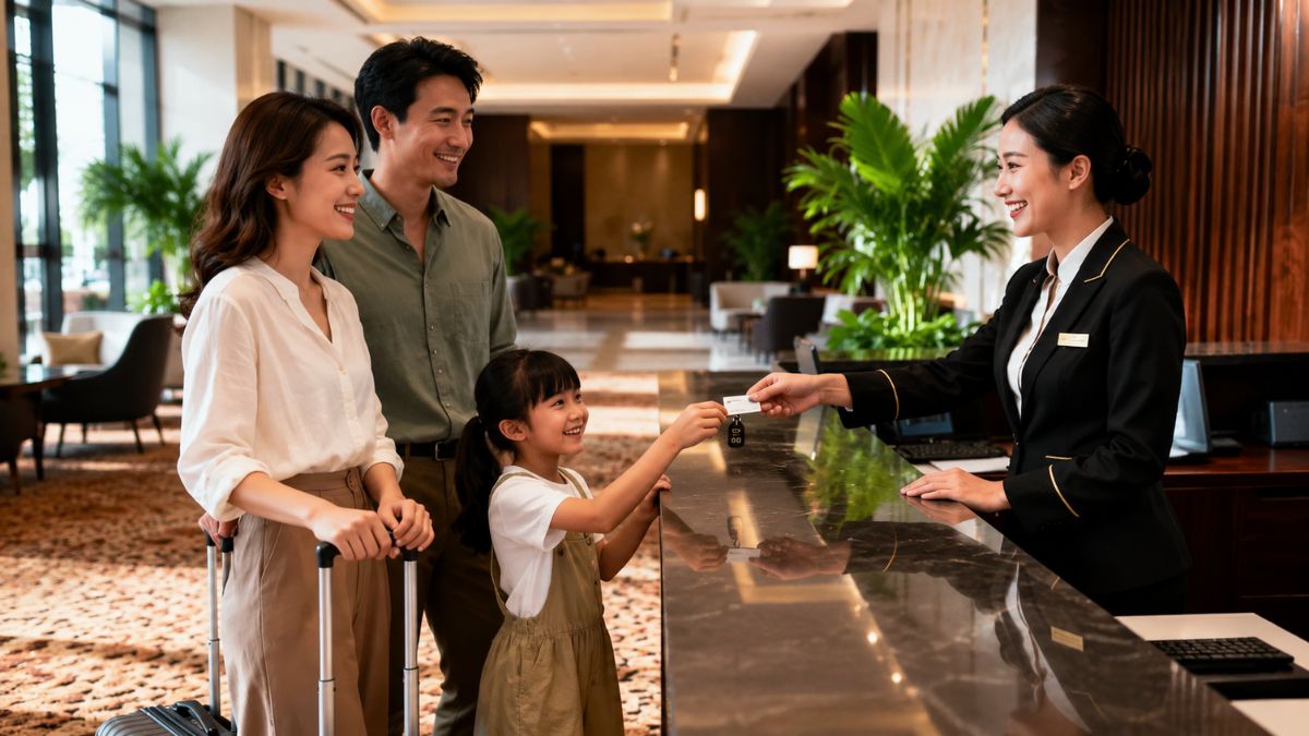 Uma recepcionista sorridente de uniforme preto entrega a chave do quarto para uma menina que está com seus pais no balcão de um hotel luxuoso.