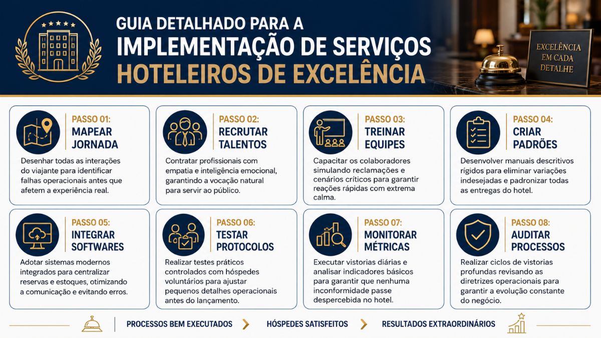 Infográfico explicativo detalhando um guia com oito passos sequenciais para a implementação de processos operacionais de excelência na hospitalidade, exibindo ícones azuis e textos explicativos organizados em formato de blocos escaneáveis sobre um fundo claro com detalhes em azul escuro e dourado.