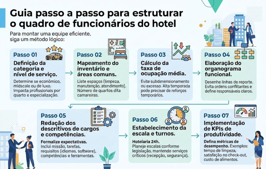 Representação gráfica de uma estrutura organizacional hoteleira com ícones que ilustram a conexão entre a gerência geral e os departamentos de recepção, governança e alimentos e bebidas em um ambiente profissional.