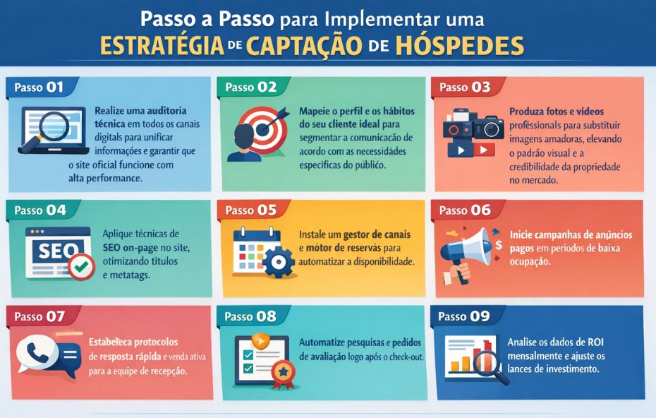 Infográfico educativo que apresenta nove etapas estratégicas para implementar uma estratégia de captação de hóspedes em meios de hospedagem, incluindo auditoria digital, definição do cliente ideal, produção de fotos e vídeos profissionais, otimização de SEO, implantação de gestor de canais e motor de reservas, campanhas de anúncios pagos, protocolos de resposta da recepção, solicitação de avaliações após o check-out e análise mensal de ROI.