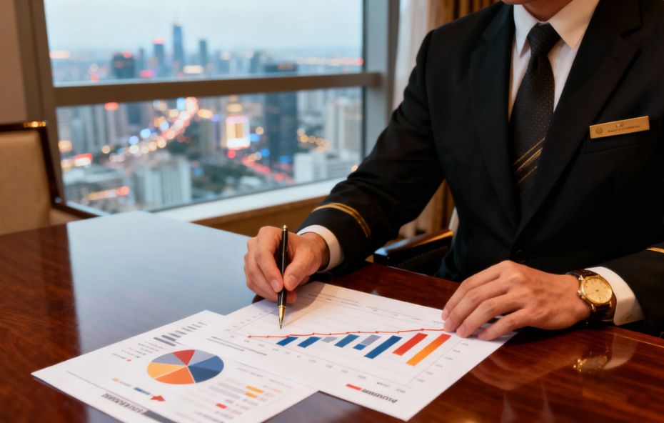 Close das mãos de um profissional de hotelaria em traje formal analisando gráficos de desempenho financeiro e relatórios de ocupação sobre uma mesa de madeira com luzes da cidade ao fundo.