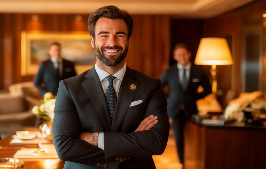 Homem sorridente vestindo terno preto elegante e gravata com os braços cruzados em um lobby de hotel luxuoso acompanhado por outros dois profissionais ao fundo representando a equipe de hospitalidade e gerenciamento.