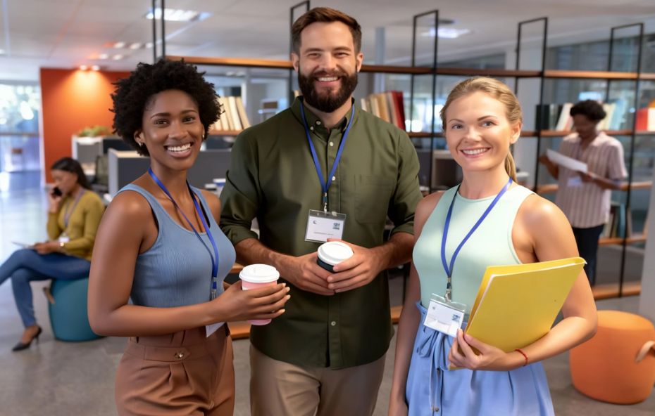 Três profissionais sorridentes, duas mulheres e um homem, em um escritório moderno usando crachás de identificação e segurando café e pastas de trabalho.