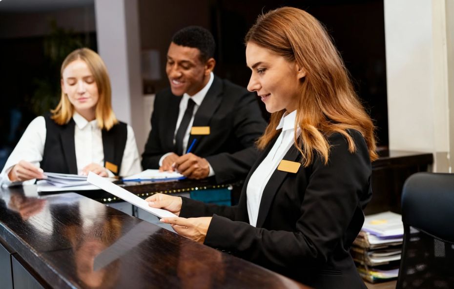 Mulher jovem vestindo uniforme profissional de hotelaria sorrindo enquanto atende hóspedes em um balcão de recepção elegante e moderno.