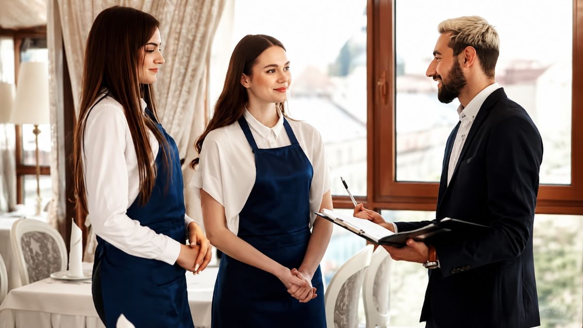 Um homem de terno preto e barba segura uma prancheta aberta enquanto conversa com duas mulheres vestidas com aventais azuis e camisas brancas em um restaurante iluminado.