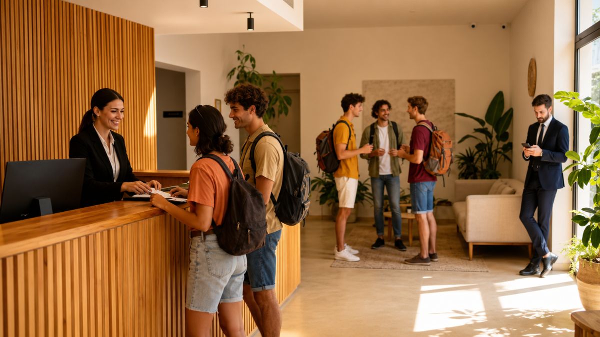 Uma recepcionista sorridente atende um jovem casal com mochilas no balcão de madeira de um hotel iluminado. Ao fundo, três hóspedes conversam perto do sofá e um homem de terno usa o celular.