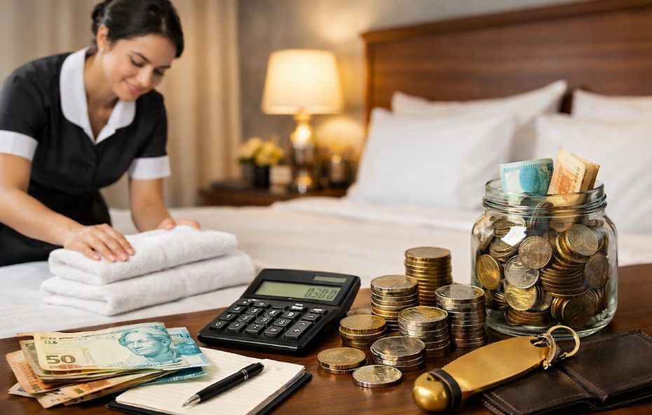 Camareira de hotel ao fundo arrumando toalhas brancas em uma cama enquanto o primeiro plano foca em uma mesa com cédulas de Real, pilhas de moedas, calculadora, caneta e um pote de vidro com dinheiro acumulado.