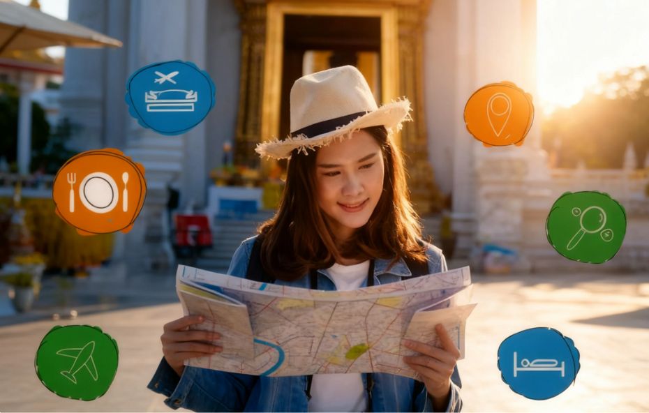 Mulher com chapéu de palha analisa um mapa turístico em ambiente ensolarado, com ícones flutuantes que representam avião, hospedagem, alimentação e localização, simbolizando a integração entre os setores.