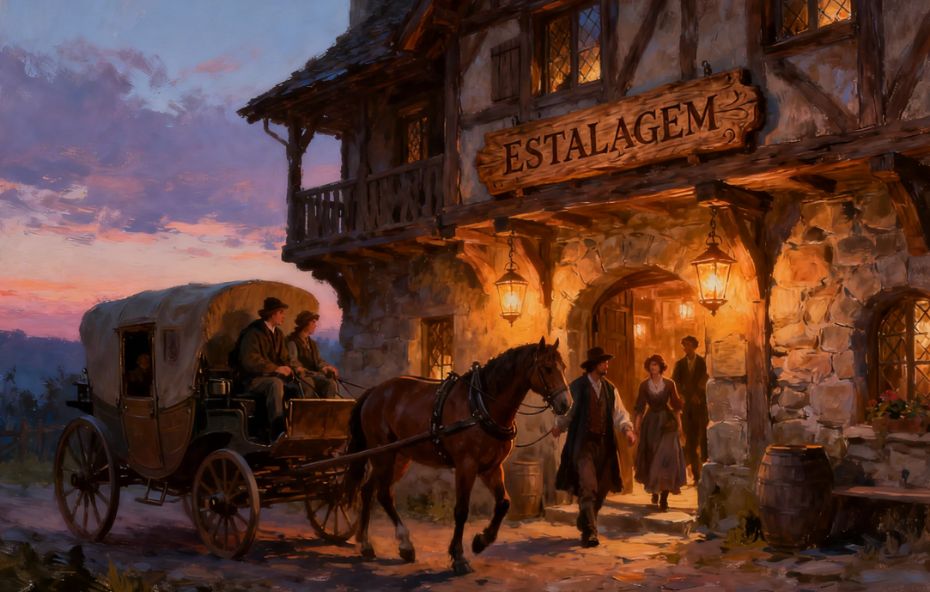 Pintura digital de uma estalagem de pedra com a placa Estalagem iluminada por lanternas enquanto uma carruagem com cavalos para na entrada ao pôr do sol.