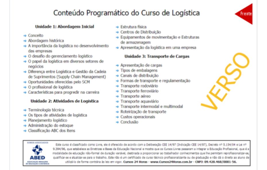 Verso de um certificado de conclusão do Cursos 24 Horas apresentando o conteúdo programático do Curso de Logística. O documento é dividido em três unidades intituladas Abordagem Inicial, Atividades de Logística e Transporte de Cargas. Na parte inferior consta o selo da ABED e informações sobre a base legal do curso livre conforme o Decreto número 5.154 e a Lei número 9.394.