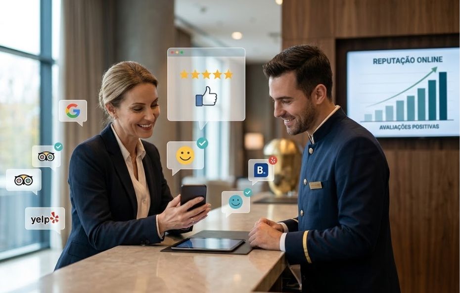 Uma mulher e um funcionário de hotel sorriem enquanto olham para um celular e um tablet em um balcão de recepção. Ao redor deles flutuam ícones de redes sociais e sites de avaliação como Google, TripAdvisor, Yelp e Booking, além de estrelas de classificação e emojis positivos. Ao fundo há uma tela exibindo um gráfico de crescimento com o texto Reputação Online e Avaliações Positivas.