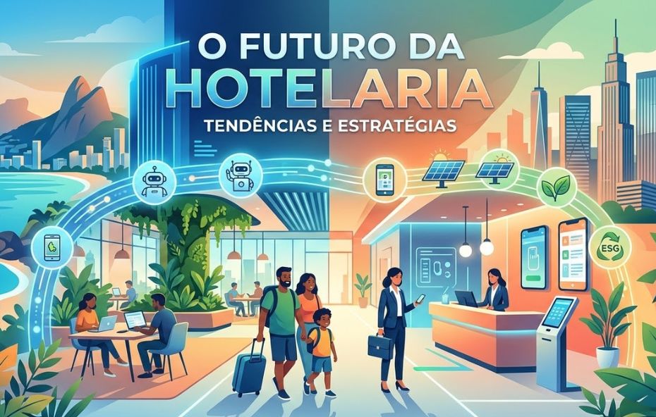 Um gráfico ilustrado detalhado dividido em duas metades com diferentes vistas de cidade, mostrando o interior de um saguão de hotel moderno e várias inovações tecnológicas e práticas de sustentabilidade conectadas por ícones e pessoas.